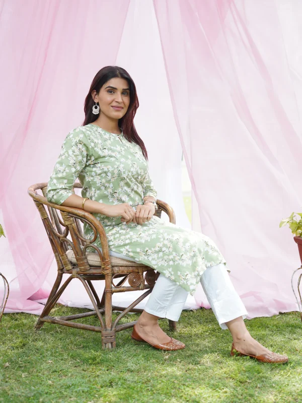 Bahar: Spring Bloom Printed Kurti in Pastel Green